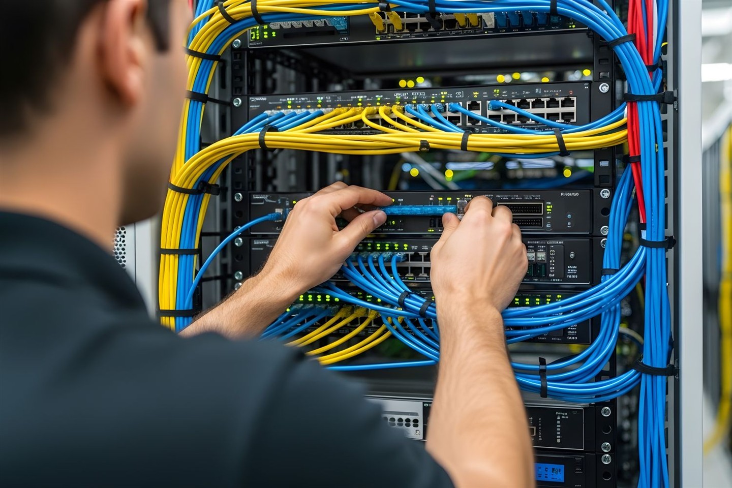 Technician working on a network rack with organized blue and yellow cabling
