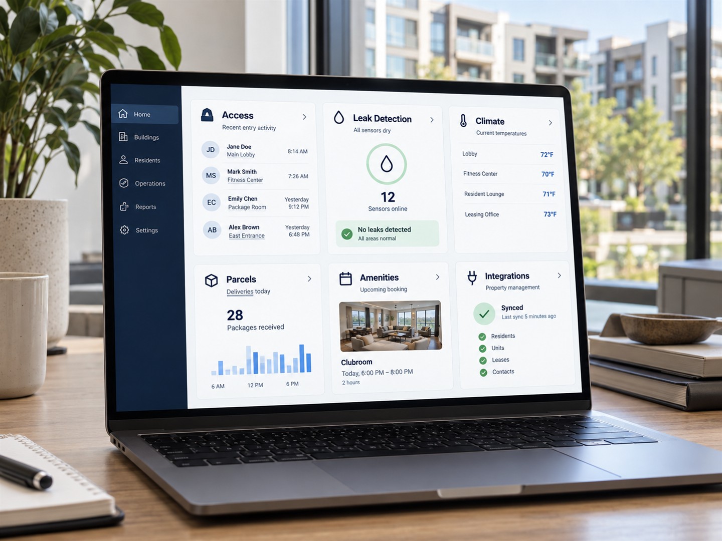 Laptop in a property-management office showing an illustrative dashboard for access, leak detection, climate, parcels, amenities, and integrations