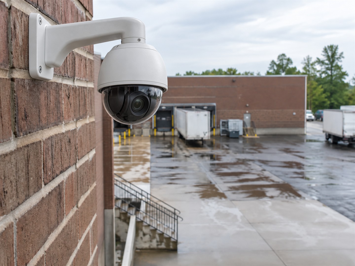 Modern PTZ speed dome security camera overlooking a commercial loading dock
